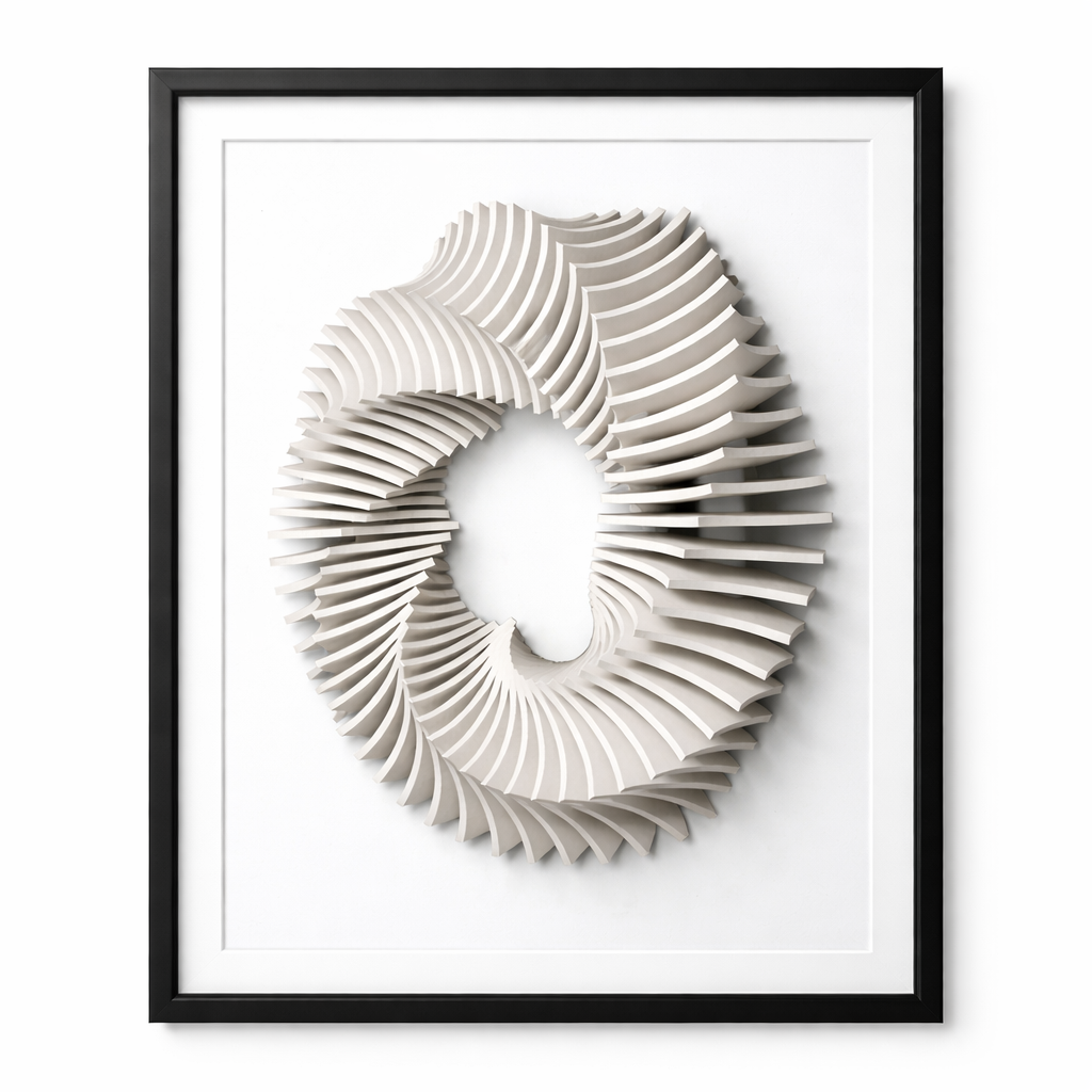 Framed abstract wall art with a white geometric design on a white background