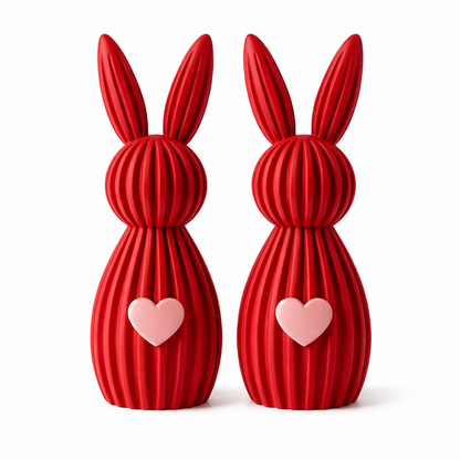 Two red rabbit-shaped vases with pink hearts on a white background
