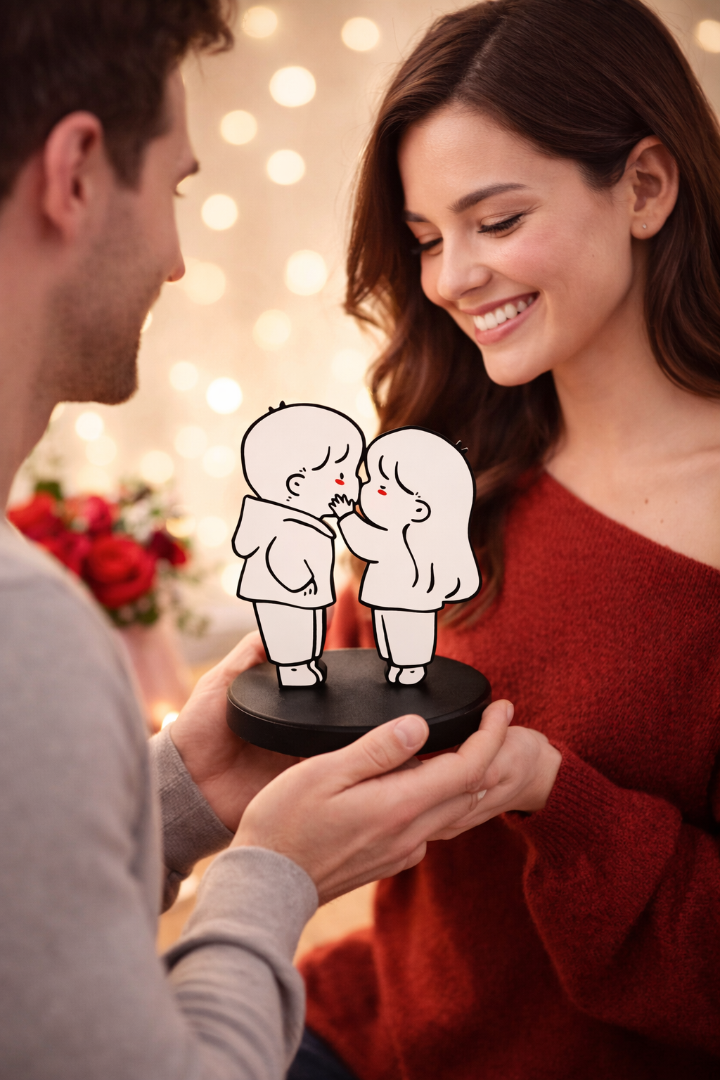 Man presenting a figurine to a woman with blurred lights in the background