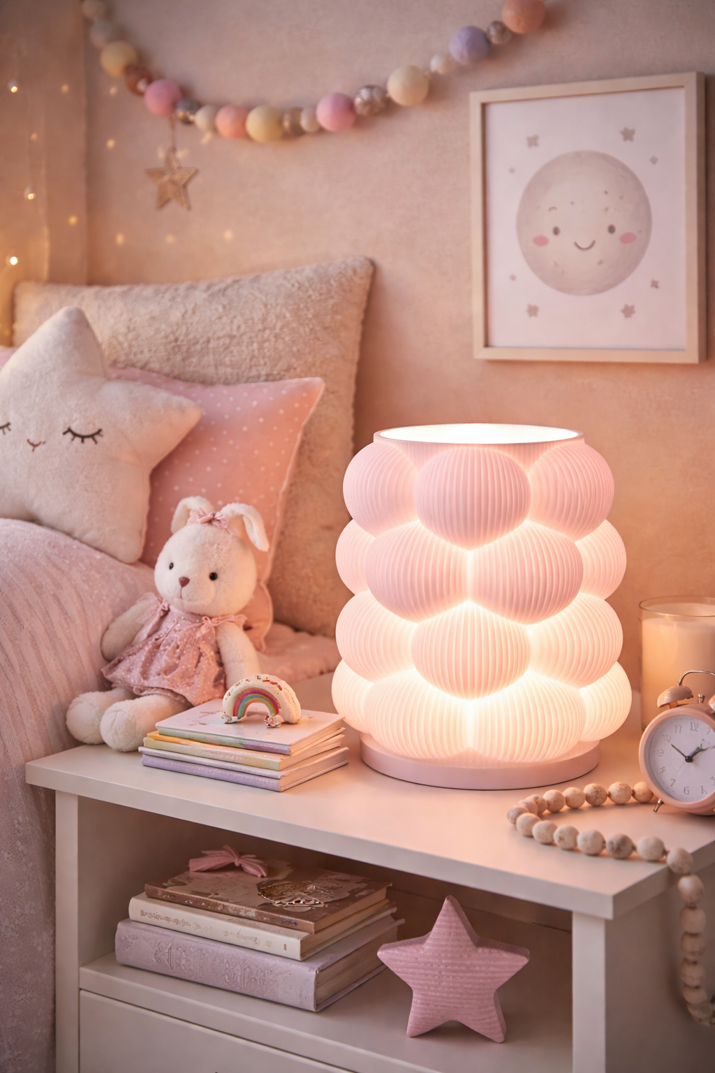 Children's bedroom with a nightstand featuring a lamp, books, and a teddy bear.