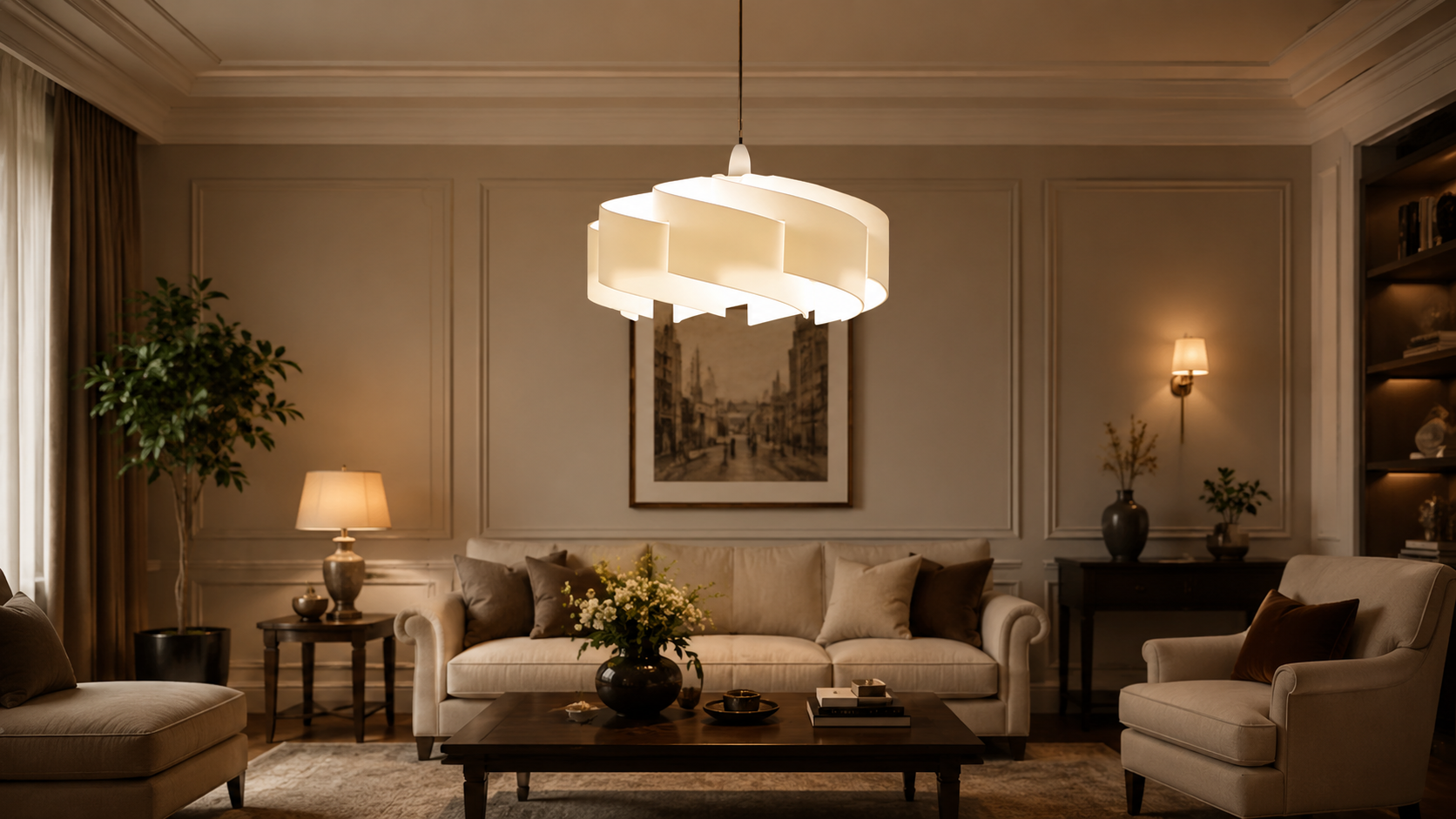 Luxurious living room with a chandelier, sofa, and coffee table.