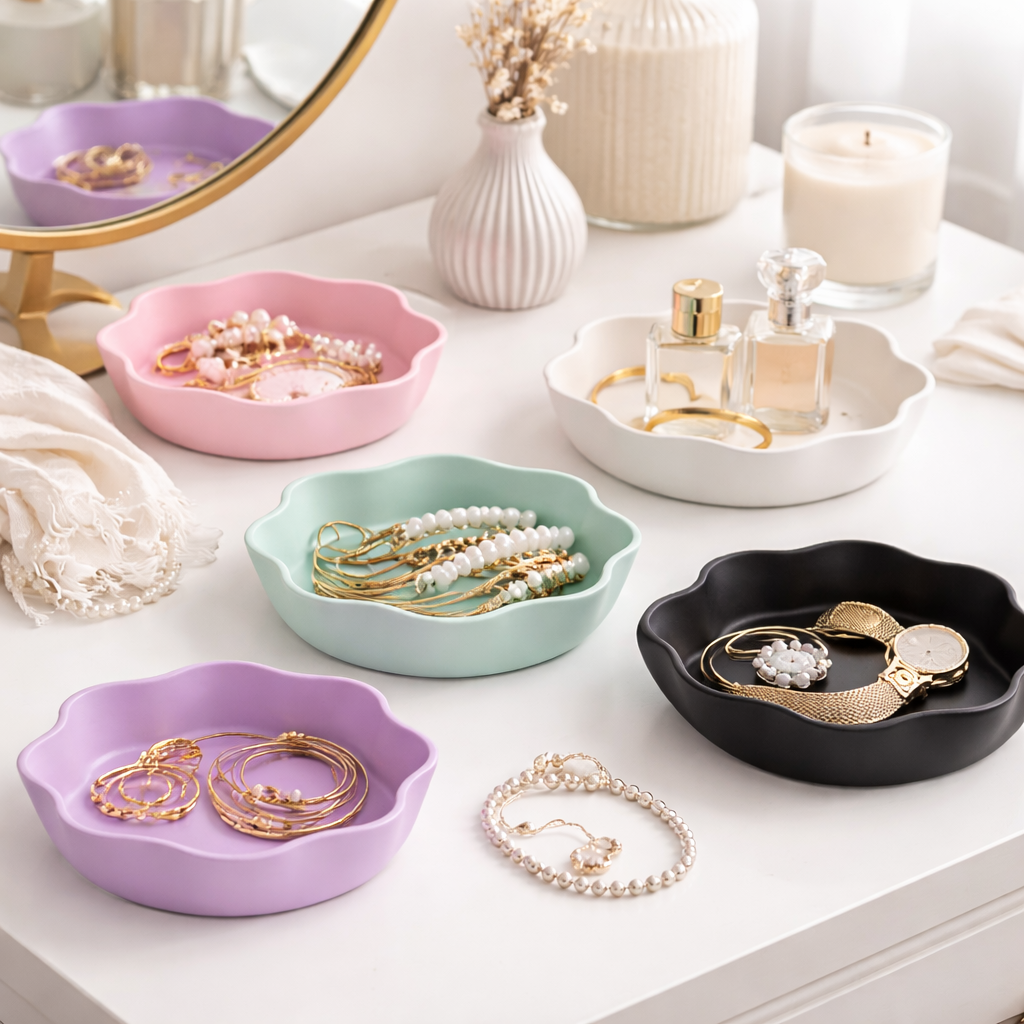 Colorful jewelry trays with jewelry on a white surface