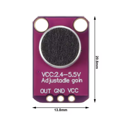 Purple sensor module with technical specifications on a white background