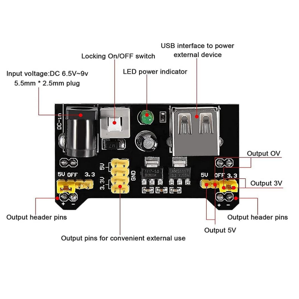 Diagram of a power supply module with labeled components on a white background