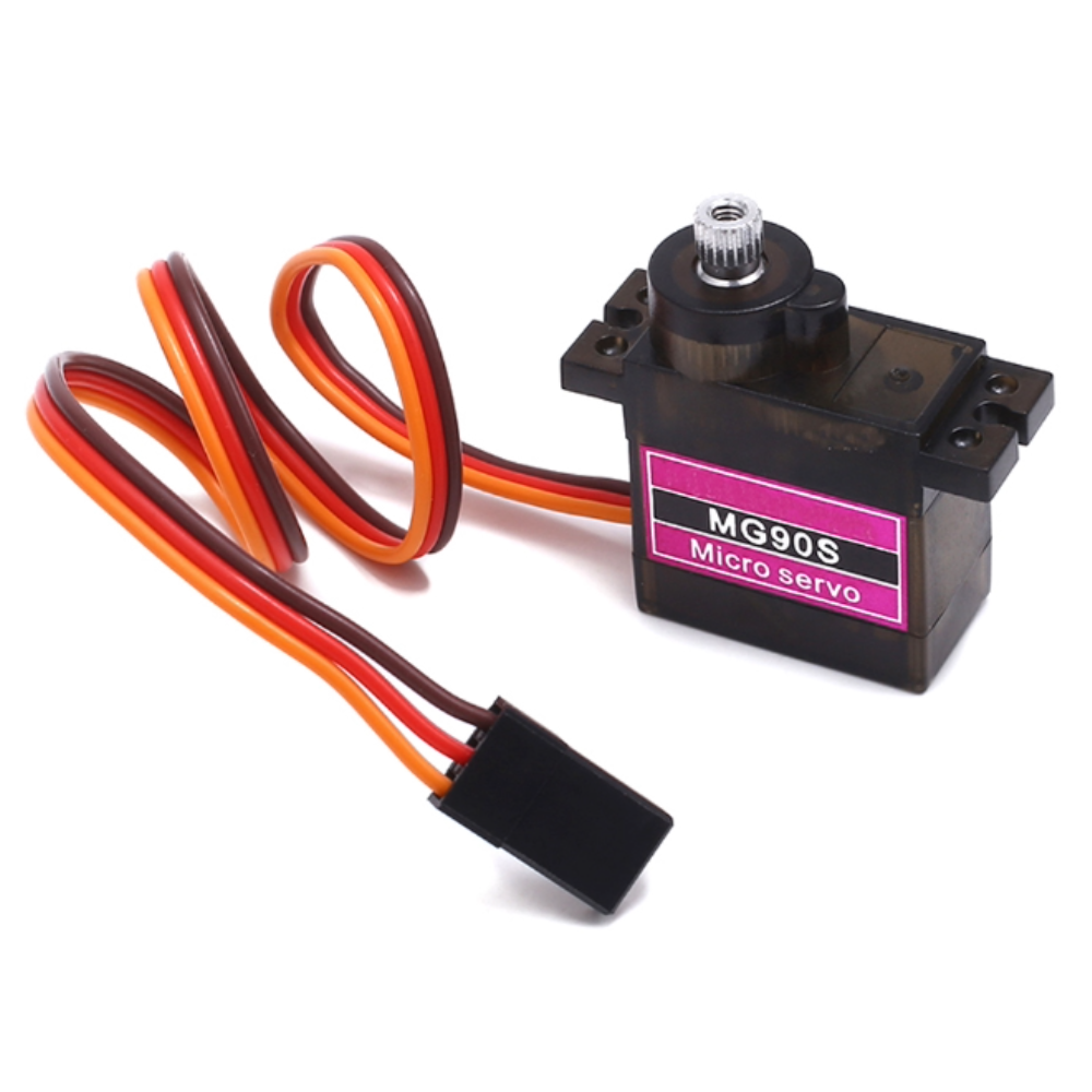 MG90S micro servo motor with wiring on a white background