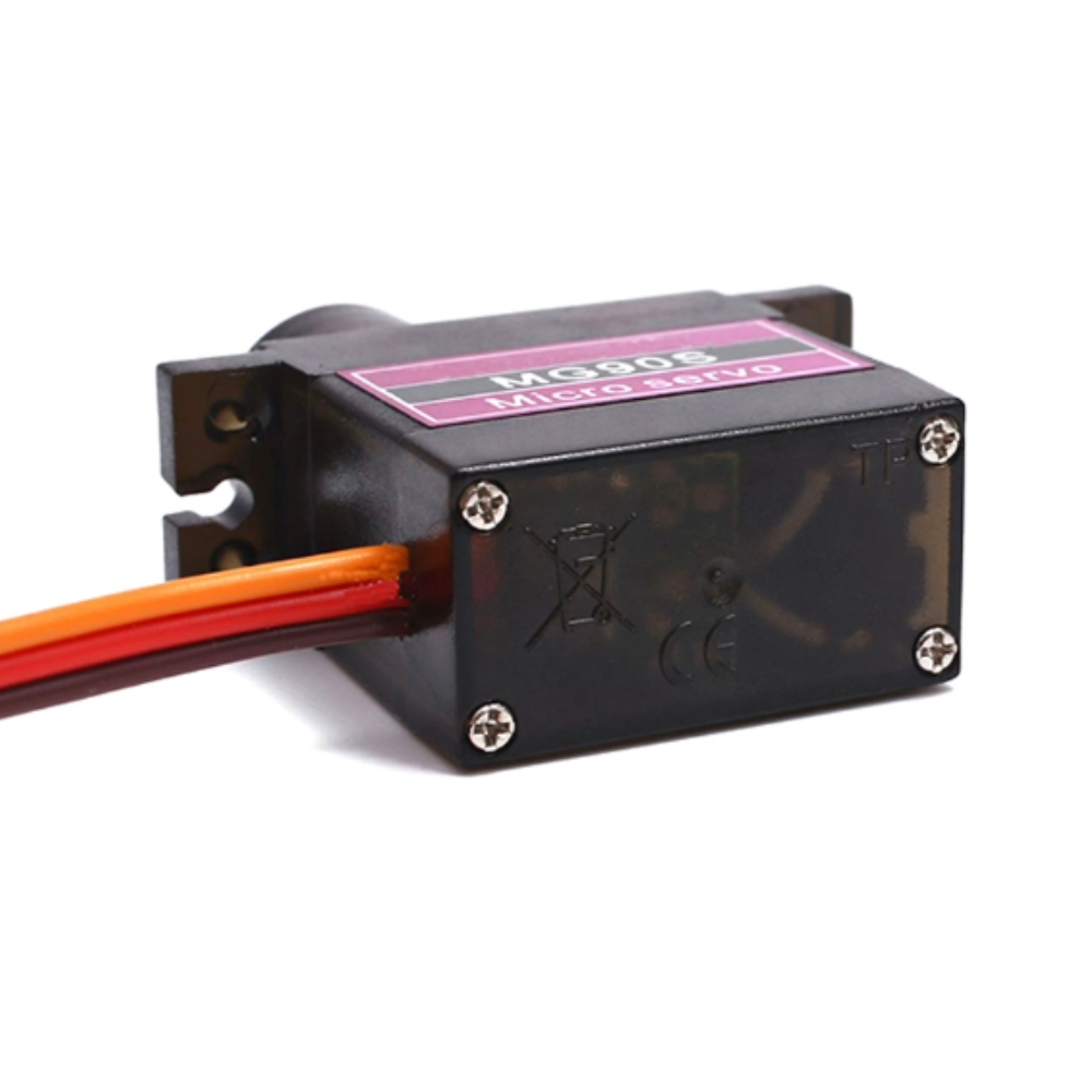 Black electronic module with red and orange wires on a white background