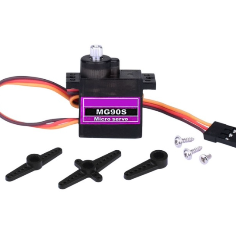 MG90S micro servo with wiring and screws on a white background