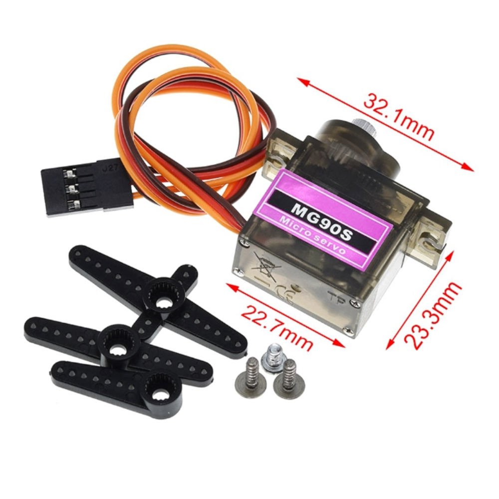 Servo motor with wiring, gears, and screws on a white background