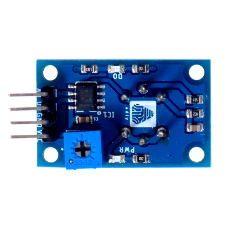 Blue electronic sensor module with components on a white background