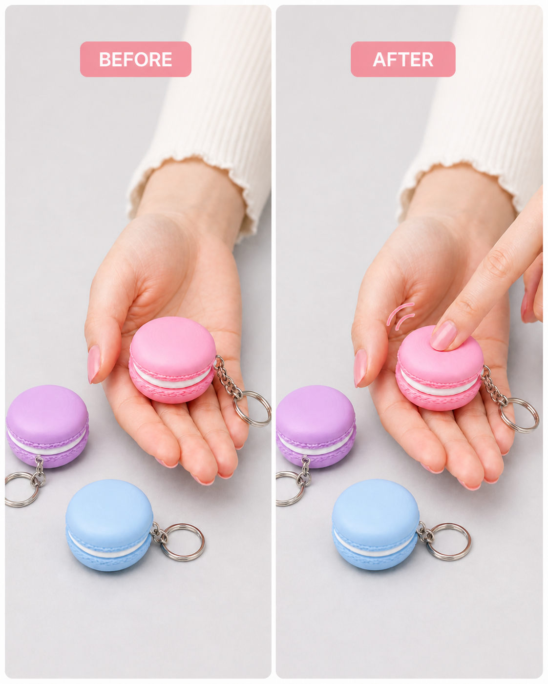 Before and after look showing macaron clicker keychain making handbags backpacks school bags and keys look cute