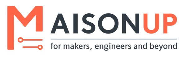 Logo of Maisonup with text 'for makers, engineers and beyond' on a white background