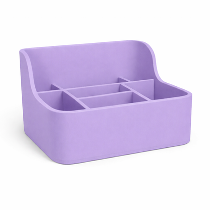 Purple desk organizer with multiple compartments on a white background