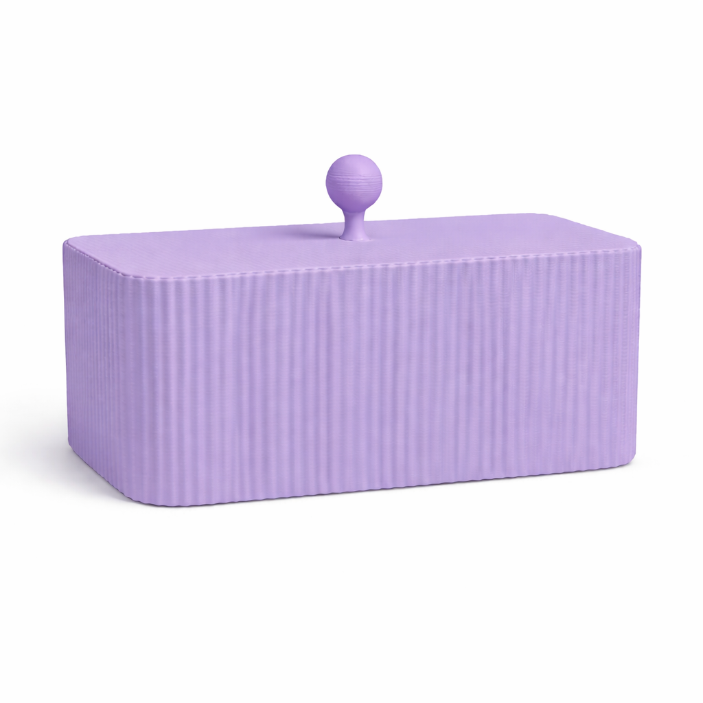 Purple ribbed container with a spherical handle on a white background