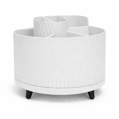 White cylindrical storage unit with compartments on a white background