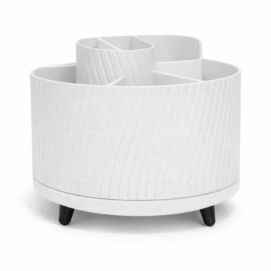 White cylindrical storage unit with compartments on a white background