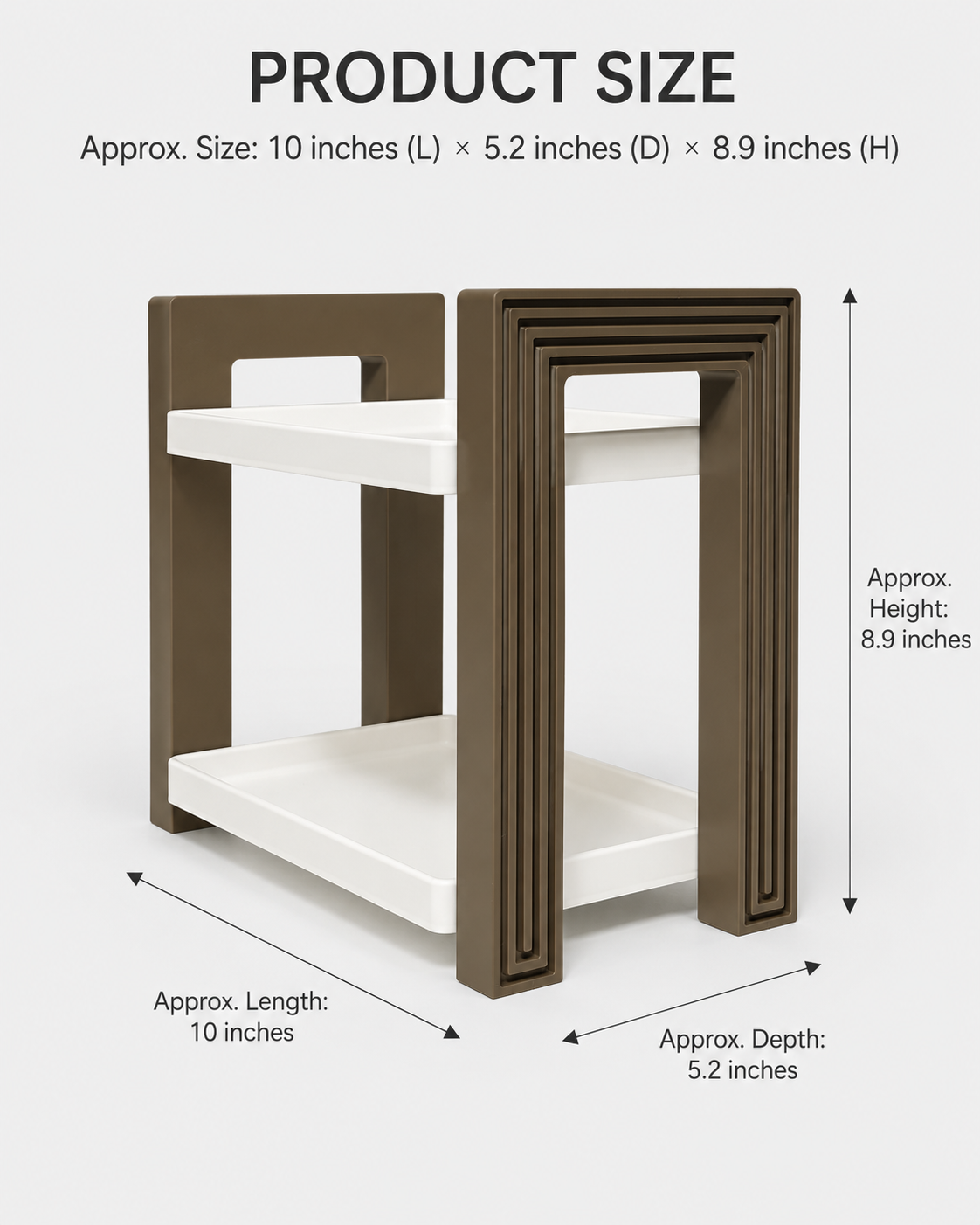 Product size diagram of a two-tier side table with dark brown frame and white shelves, showing approximate dimensions of 10 inches in length, 5.2 inches in depth, and 8.