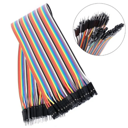 Set of multicolored breadboard leads with close-up inset on a white background