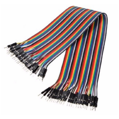 Multicolored ribbon cable with connectors on a white background