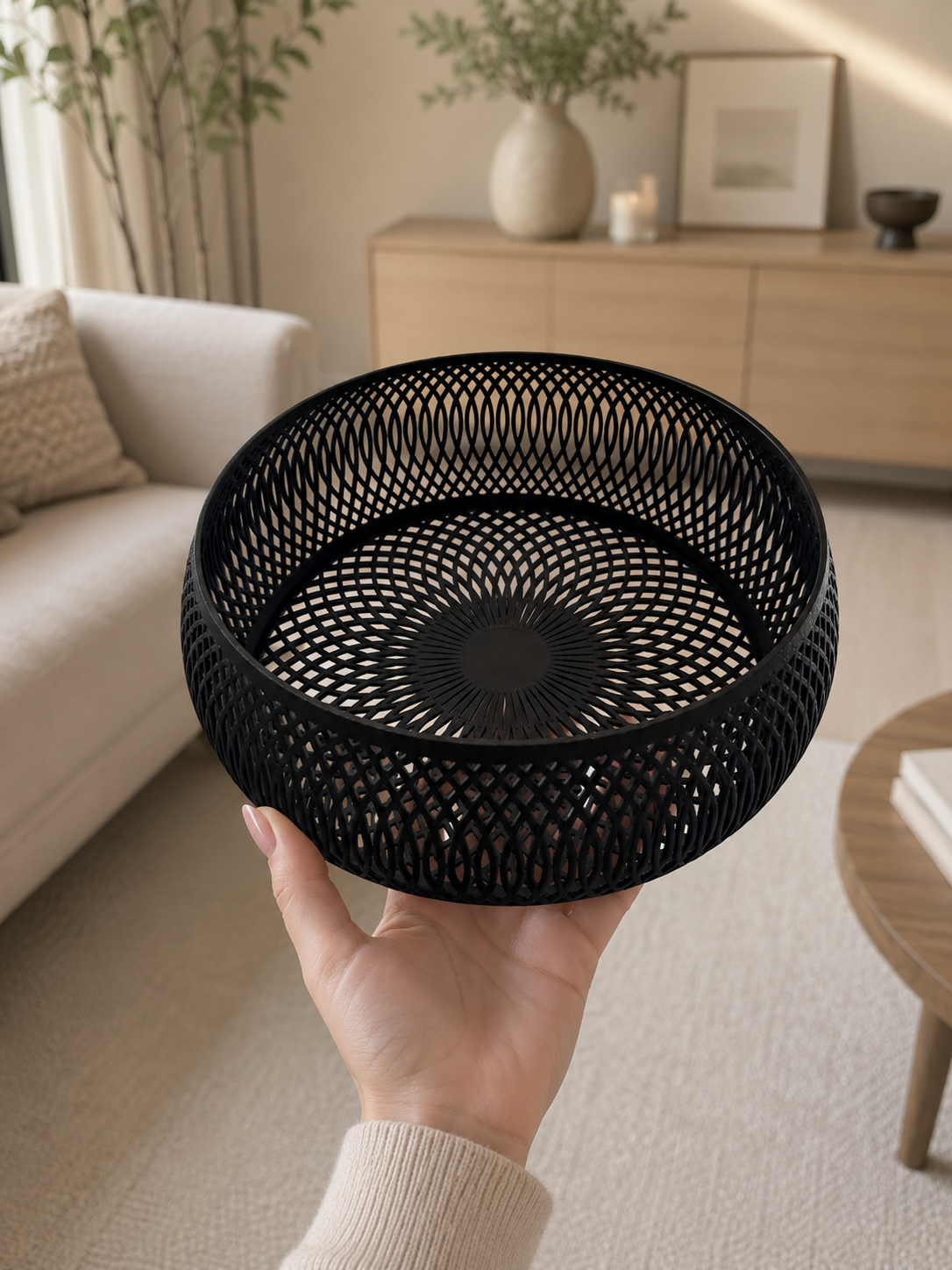 A hand holding a round black woven mesh basket bowl in a bright, modern living room setting.