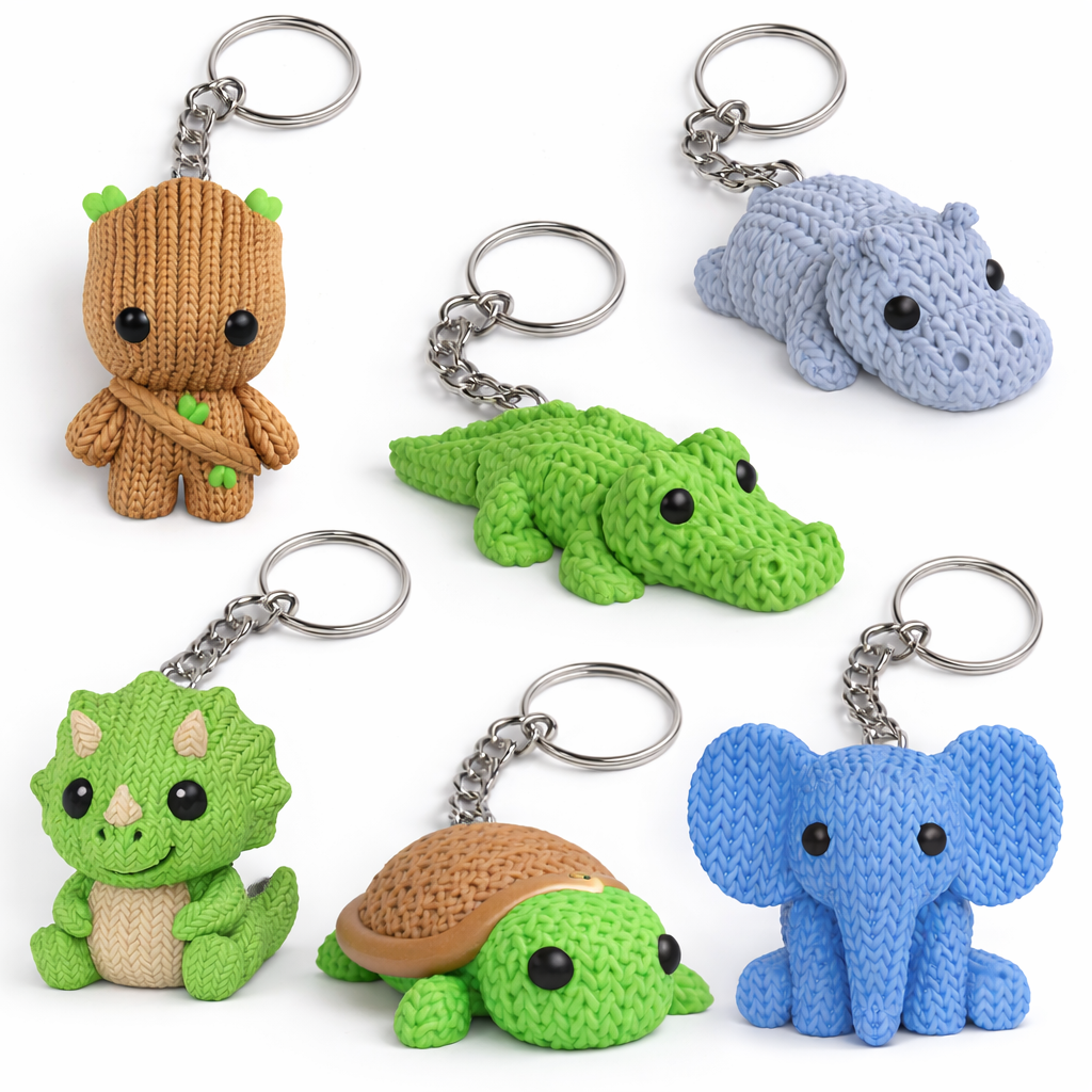 Set of six colorful crochet animal keychains on a white background