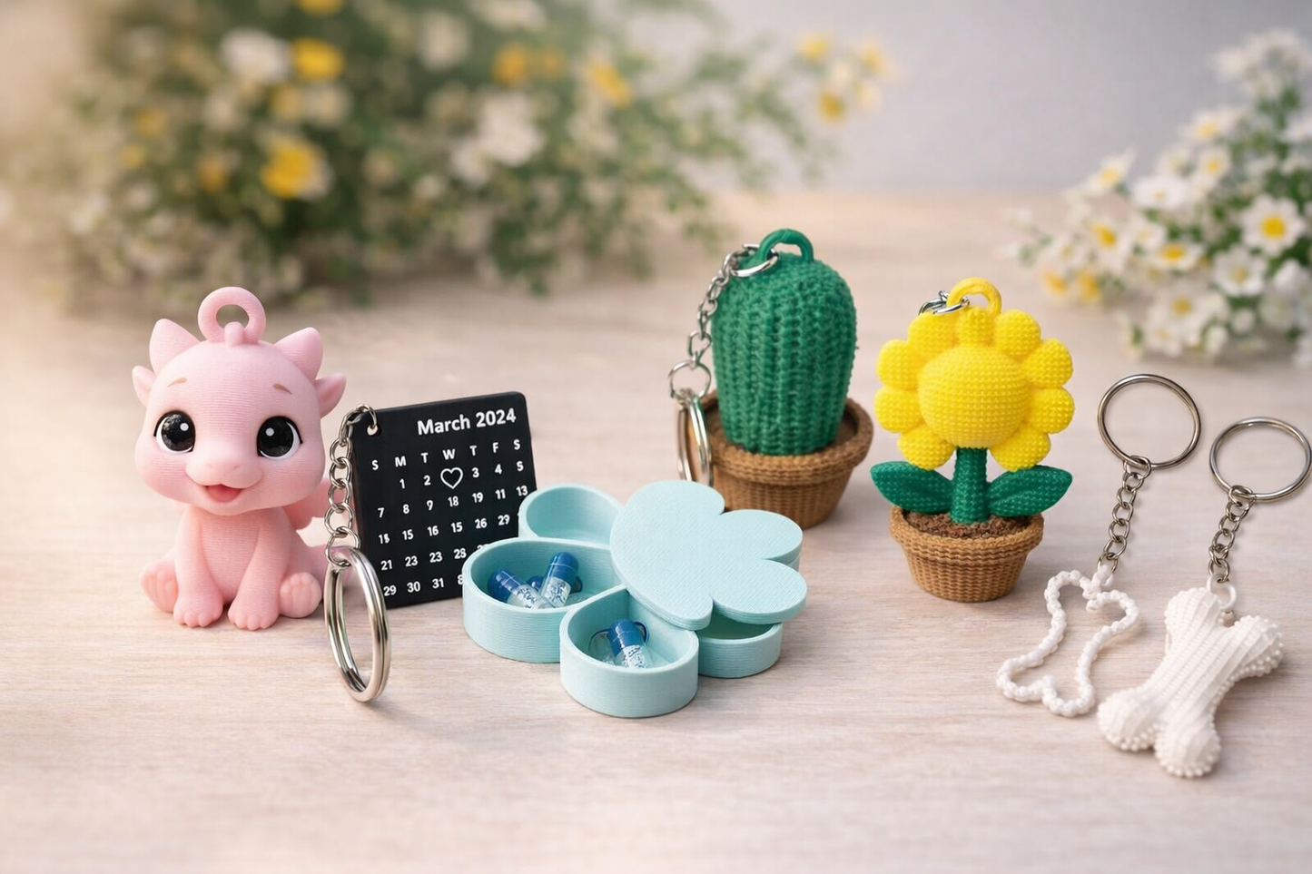 Collection of small decorative items including a pink piggy bank, calendar, and plant-shaped keychains on a wooden surface with flowers in the background.