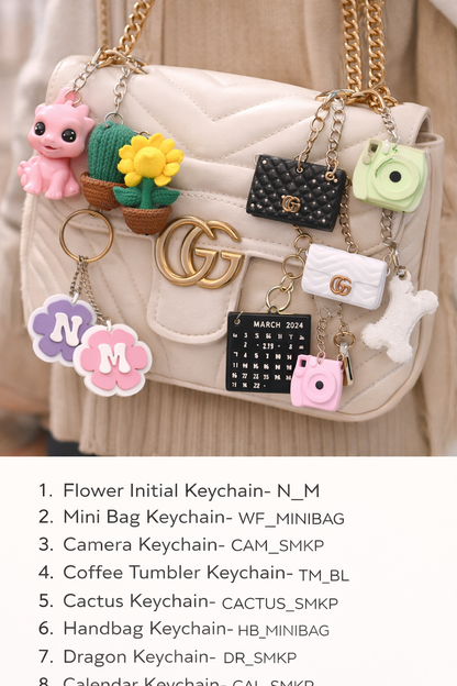 Beige handbag with various keychains including a flower, mini bag, camera, and more.