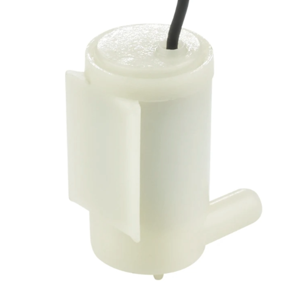 White plastic component with a black wire on a white background