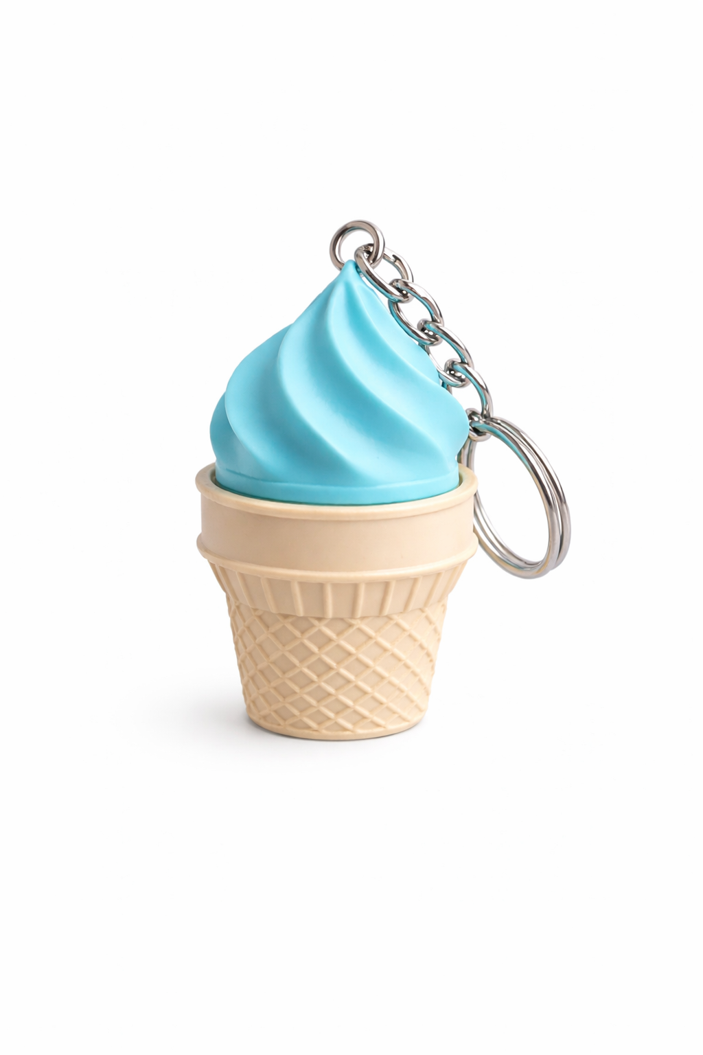 Ice cream cone keychain with blue top on a white background