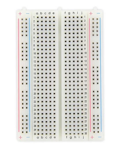 Solderless breadboard with labeled rows and columns on a white background