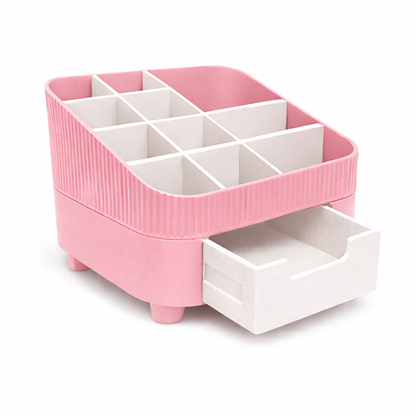 Pink and white storage organizer with multiple compartments on a white background