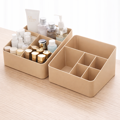 Beige cosmetic organizer with various bottles on a light wooden surface