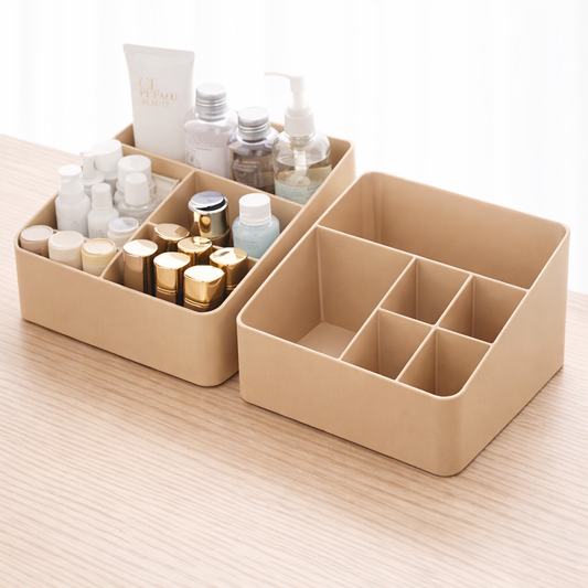 Beige cosmetic organizer with various bottles on a light wooden surface