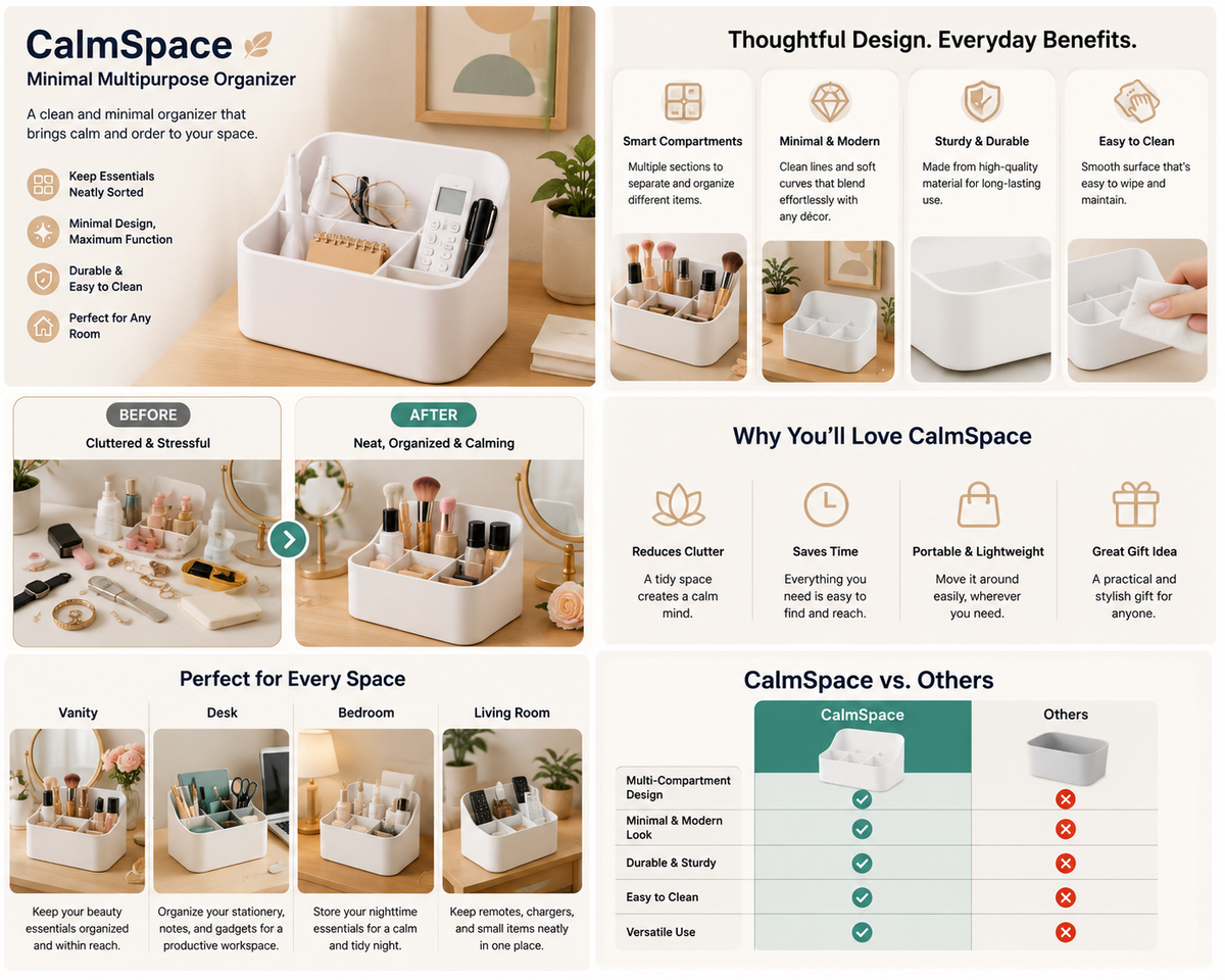 An infographic comparison chart for the CalmSpace Minimal Multipurpose Organizer, showing before-and-after room organization comparisons, product features, and a comparison table against other organizers.