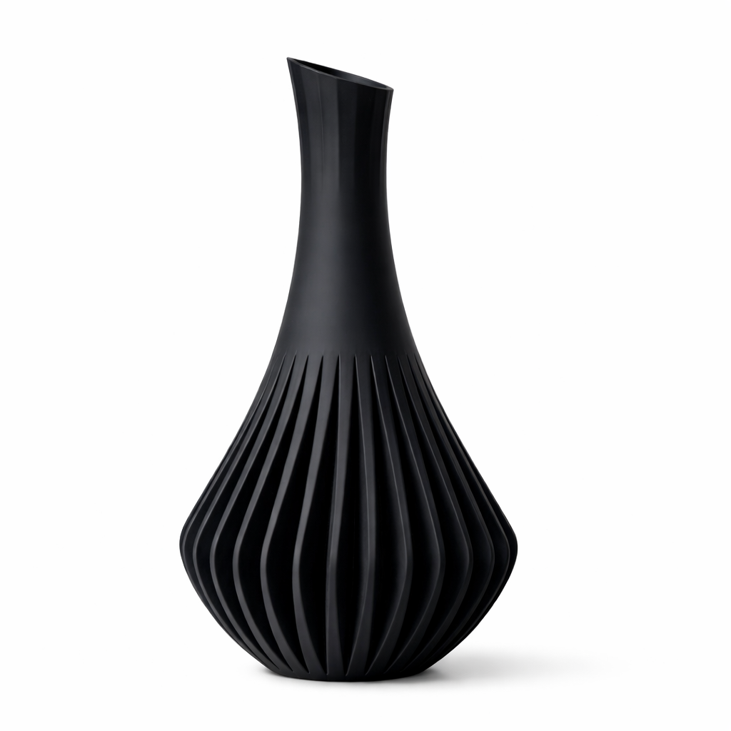 Black vase with ribbed texture on a white background