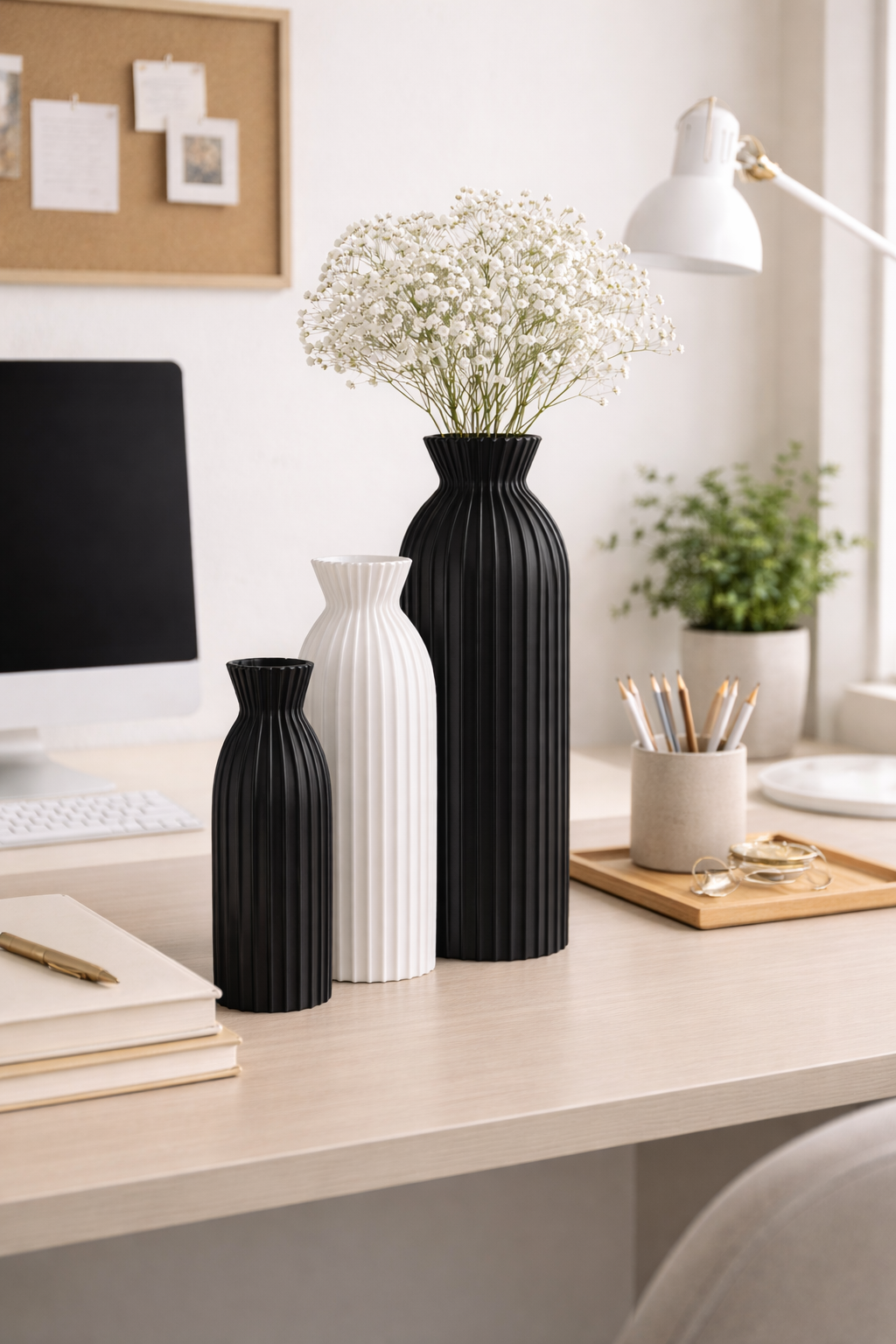 Black and white vases on a desk with a computer and office supplies in the background.