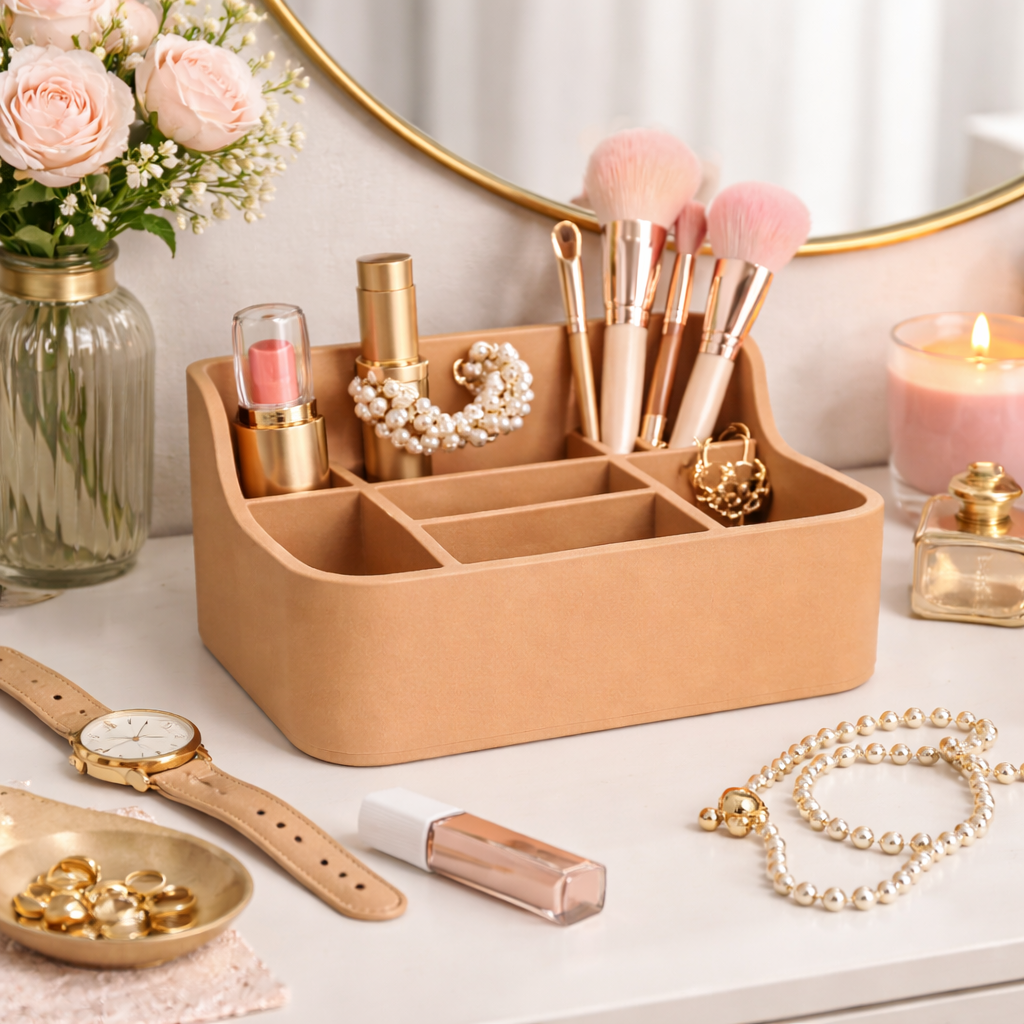 Cosmetic organizer with makeup items on a table with a candle and flowers in the background