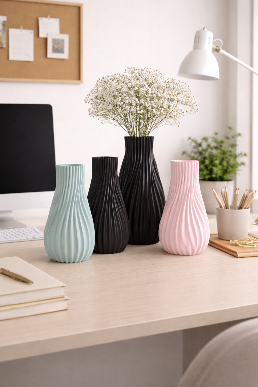 Decorative vases on a desk with a computer and lamp in the background