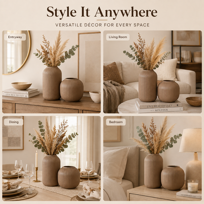 A four-panel promotional collage showing a ribbed beige ceramic vase and matching small container styled in different interior settings: Entryway, Living Room, Dining, and Bedroom. The panels include dried grasses and greenery in the vases and the headline 'Style It Anywhere' with the subtext 'Versatile óc decor for every space.