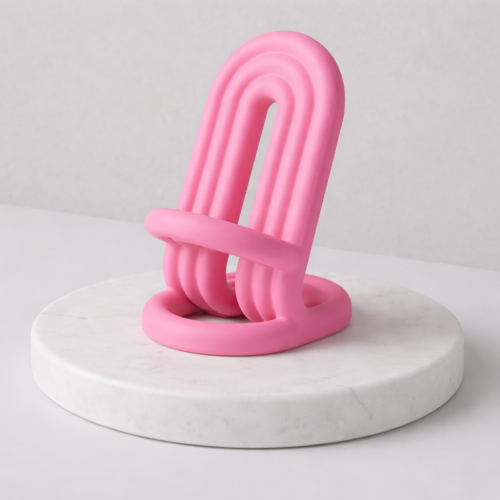 Pink abstract sculpture on a white marble base