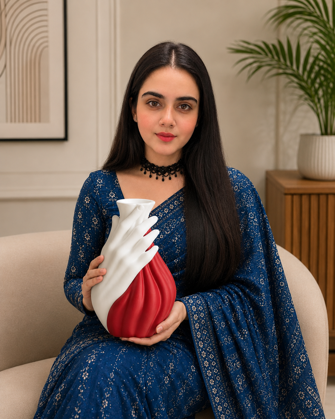 A woman with long dark hair sits on a beige sofa holding a modern ceramic vase with a split white and red design. She is wearing a blue patterned traditional outfit with a black choker necklace, set against a warm, neutral-toned living room background with a wooden cabinet and a potted plant.