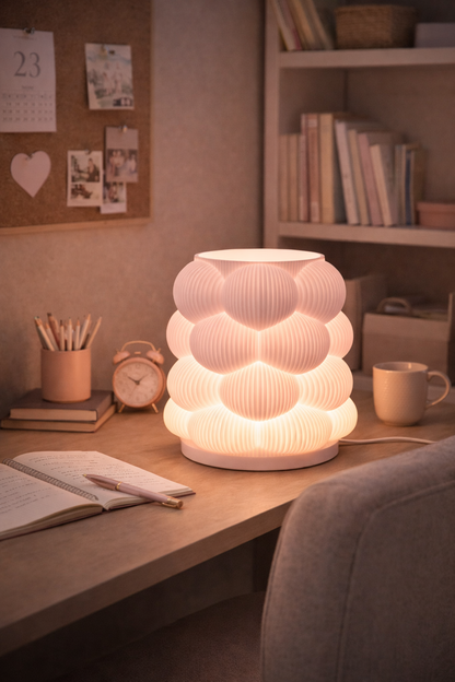 Decorative lamp on a desk with books and stationery in a cozy room setting.
