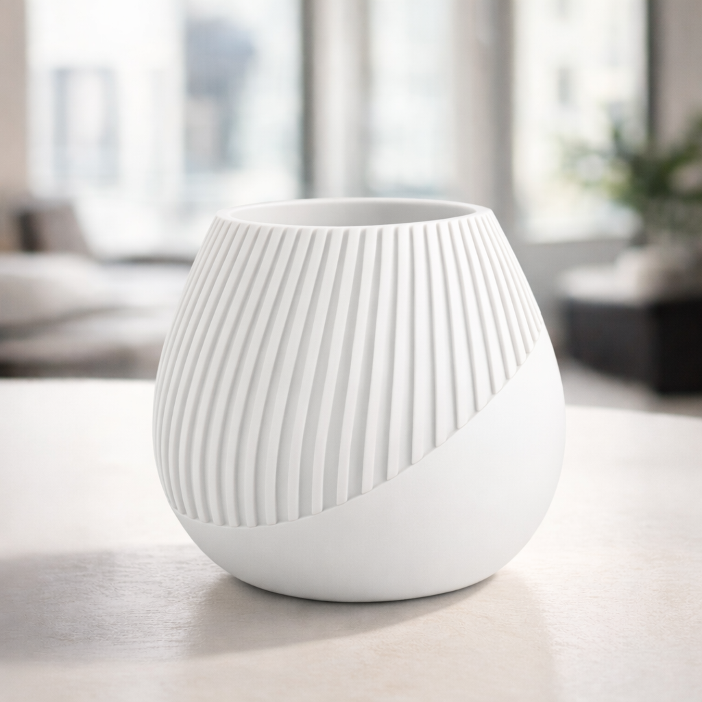 White ceramic vase with ribbed texture on a light surface with a blurred background