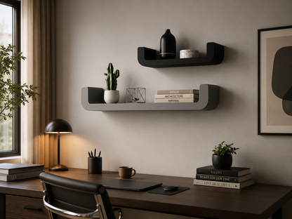 Modern home office with shelves, desk, and decor