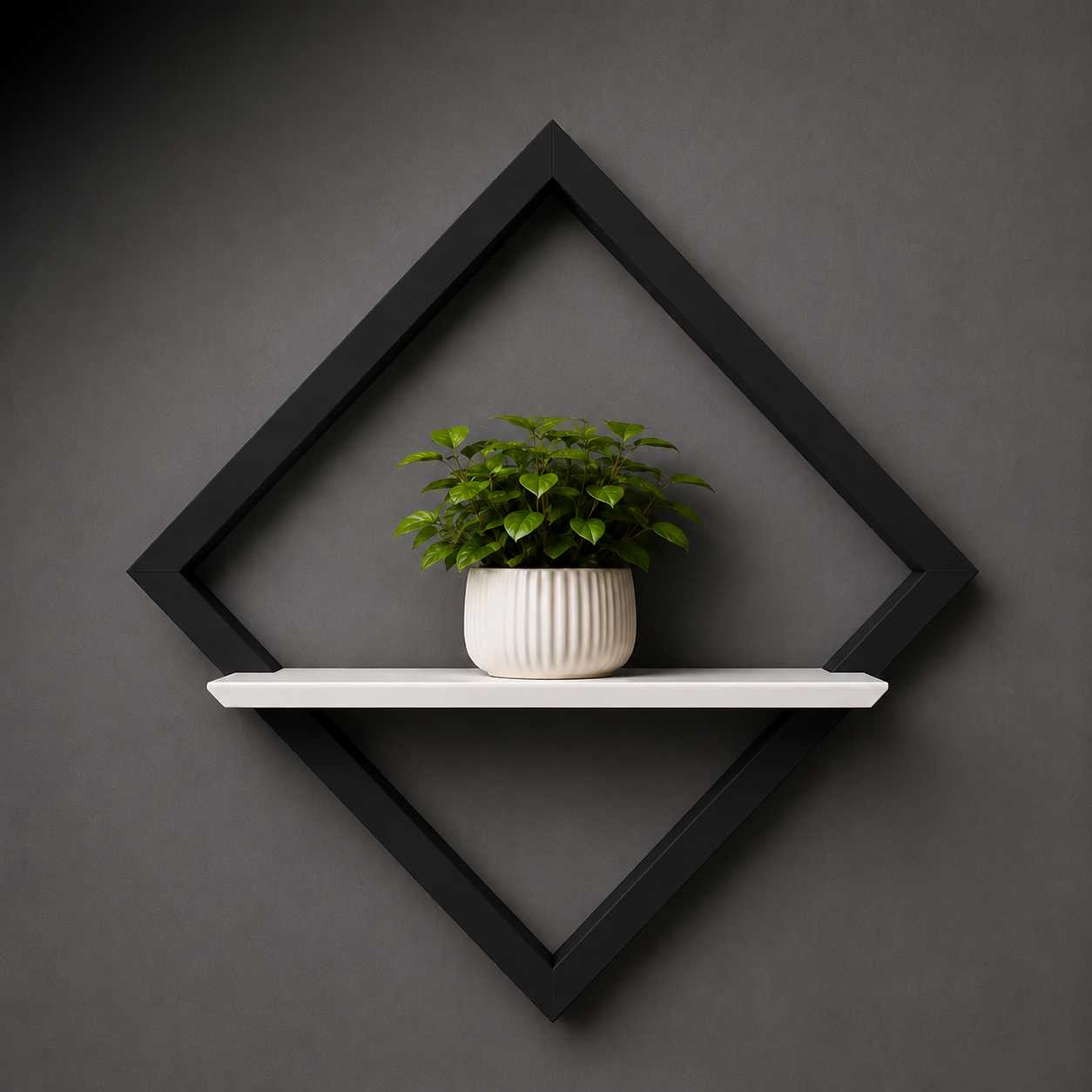White shelf with a potted plant against a dark gray wall