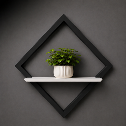White shelf with a potted plant against a dark gray wall