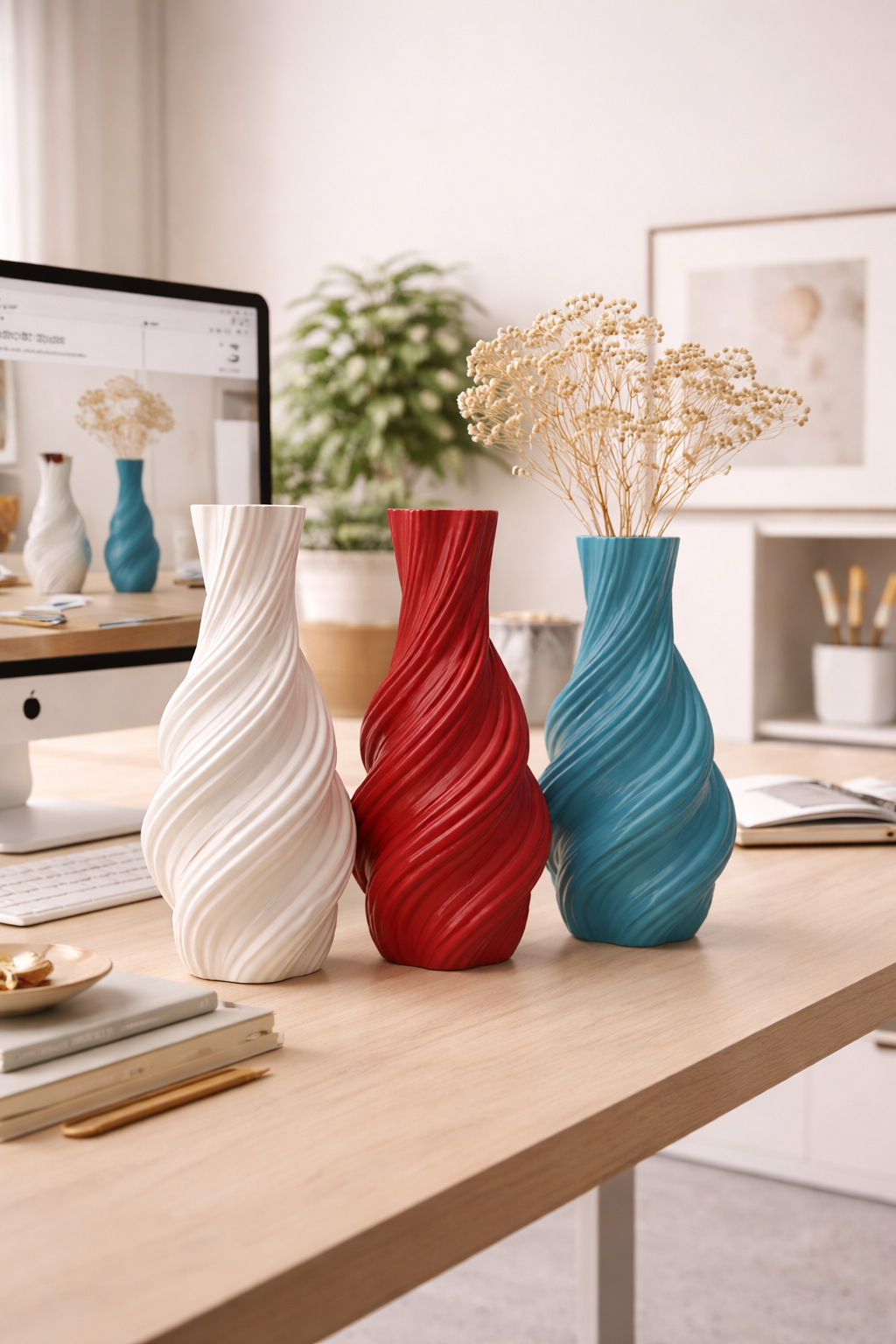 Three colorful vases on a desk with a blurred indoor background