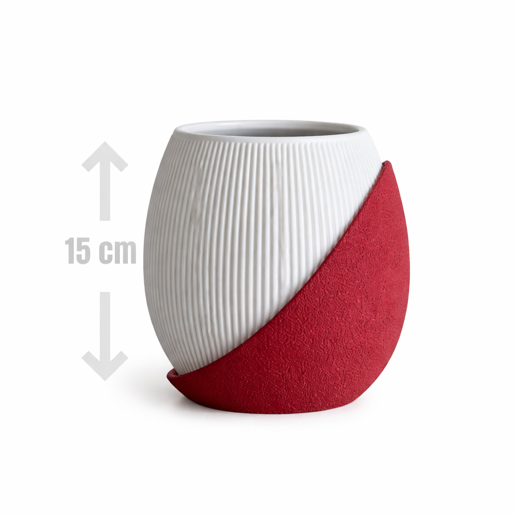 Cylindrical ceramic planter with white top and red bottom, height indicated as 15 cm.