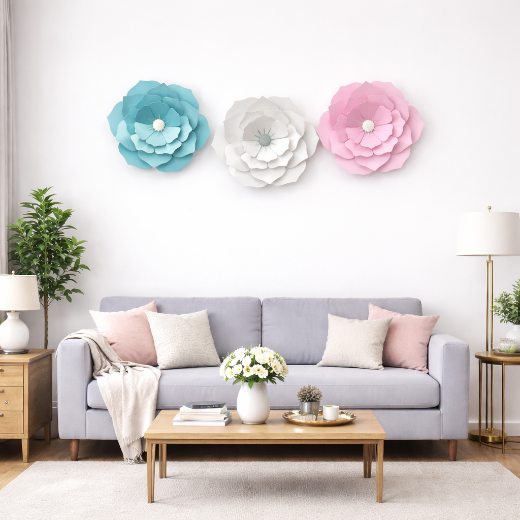 Living room with a gray sofa, decorative flowers on the wall, and a coffee table with a vase of flowers.