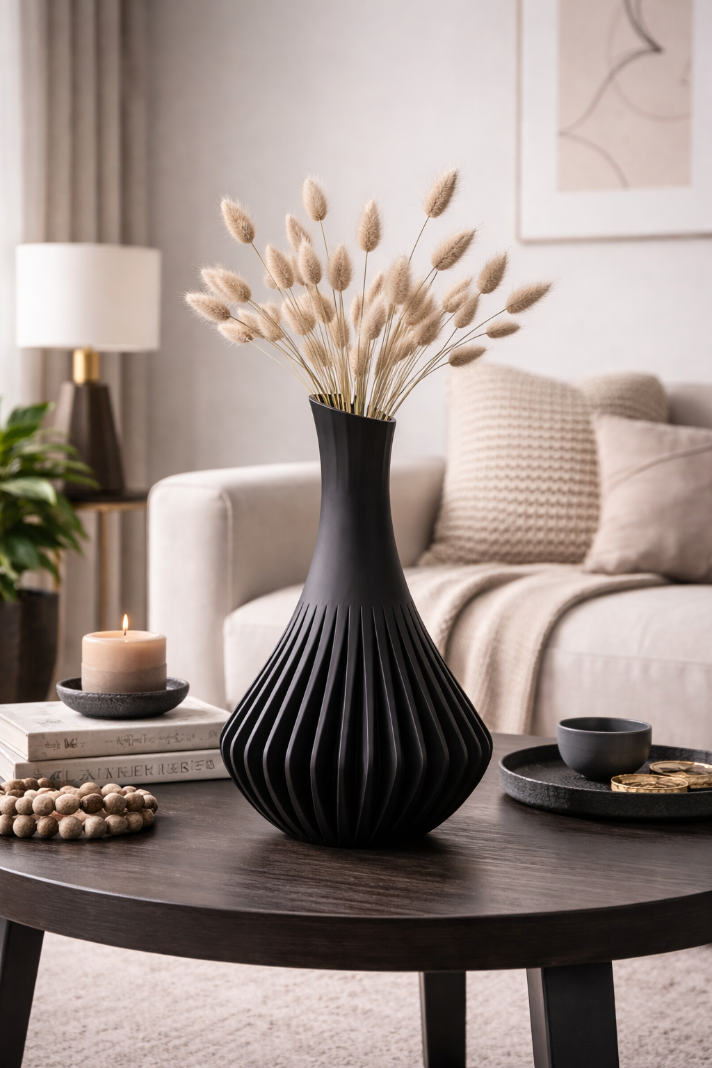 Black vase with dried plants on a wooden table in a living room setting.