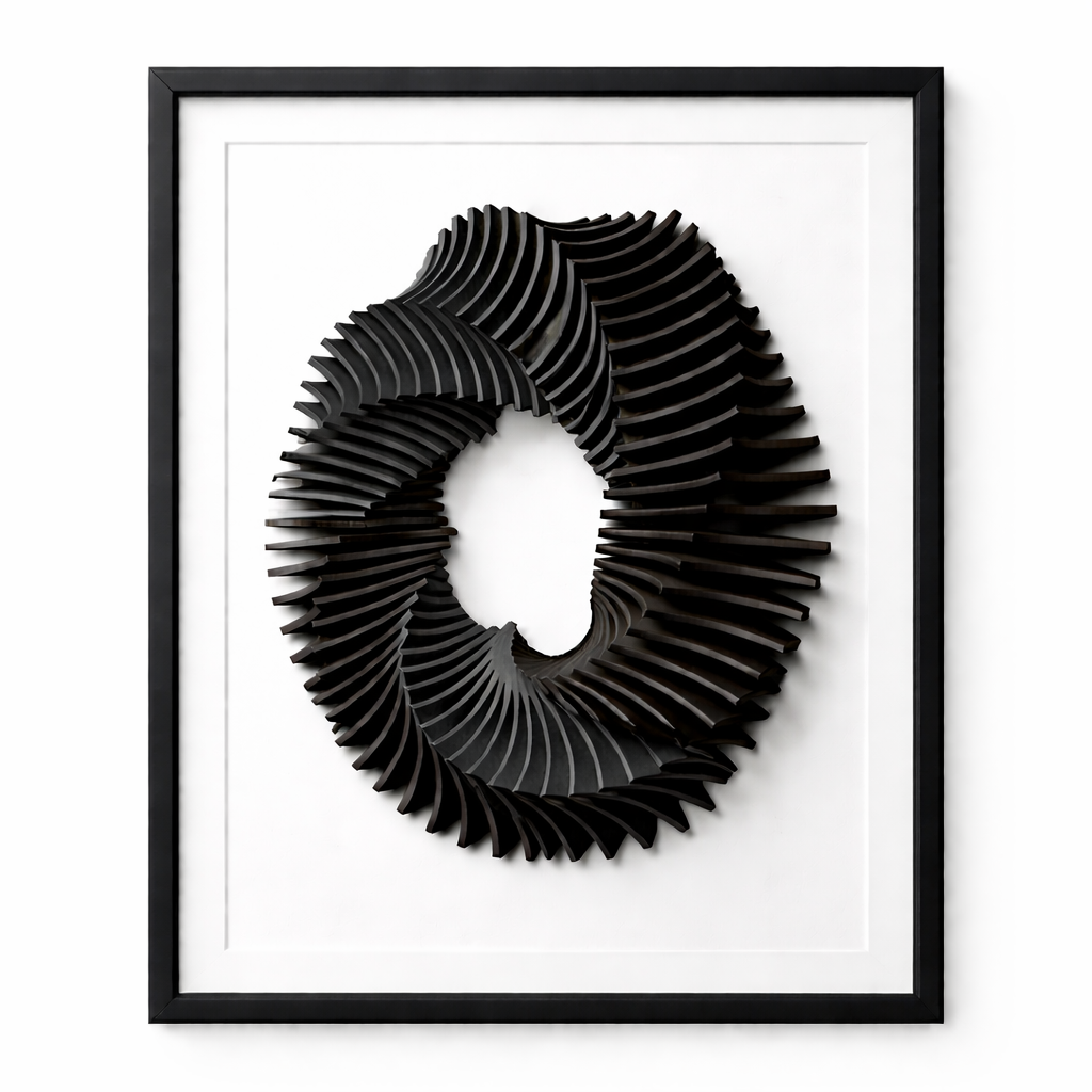 Framed black and white abstract art piece on a white background